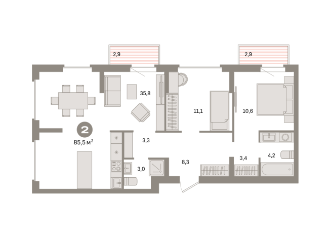 85.00 м² | 7 - 9 эт.