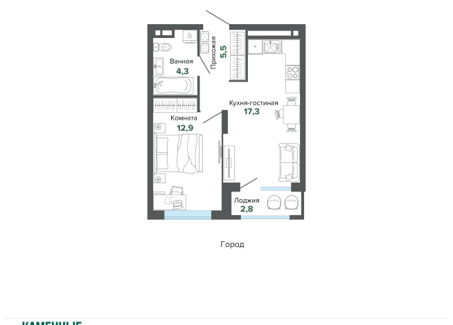 42.84 м² | 7 - 25 эт.