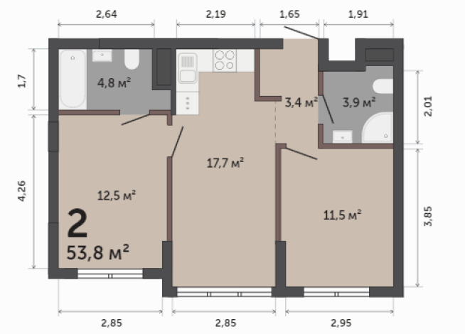 53.80 м² | 3 - 9 эт.