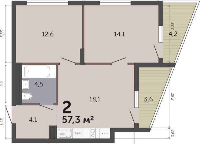 57.30 м² | 3 - 19 эт.