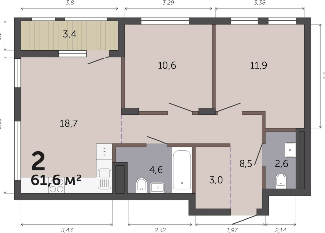 61.60 м² | 8 - 19 эт.