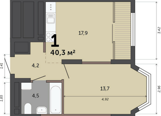 40.30 м² | 9 - 23 эт.