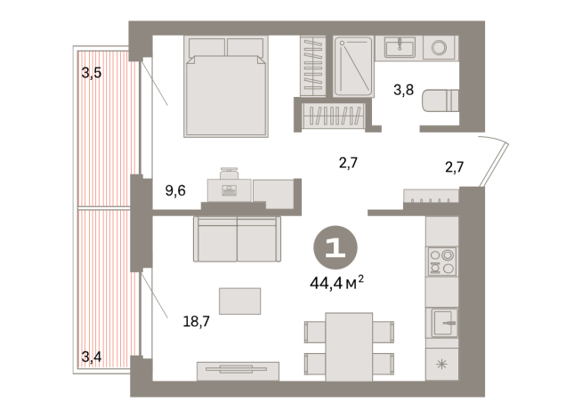 44.00 м² | 6 - 9 эт.