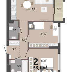 55.70 м² | 9 - 17 эт. 00