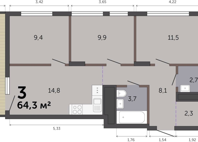 64.30 м² | 4 - 19 эт.