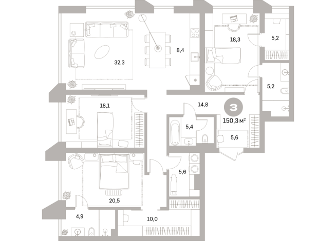 150.00 м² | 18 - 25 эт.