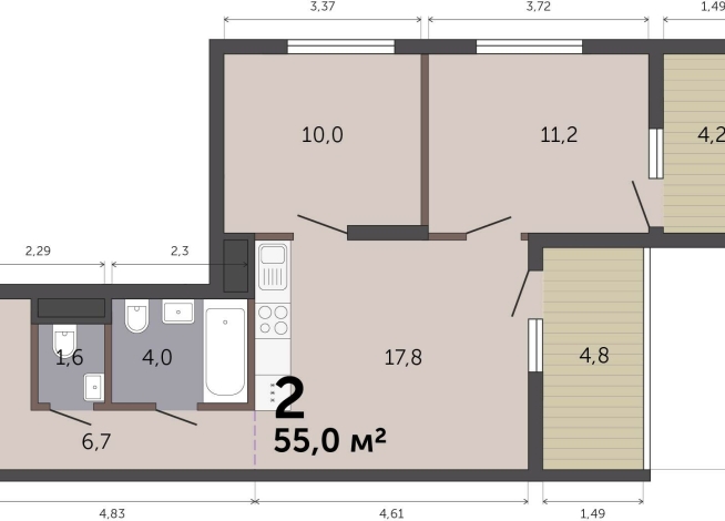 55.00 м² | 19 - 19 эт.