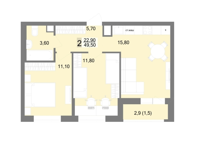 49.50 м² | 10 - 22 эт.