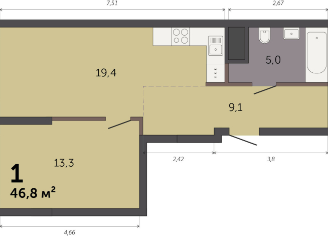 46.80 м² | 14 - 32 эт.