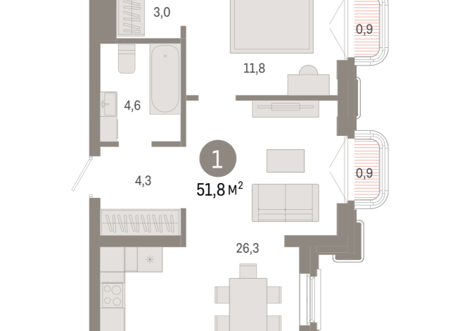 51.00 м² | 8 - 9 эт.