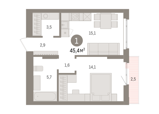 45.00 м² | 7 - 16 эт.