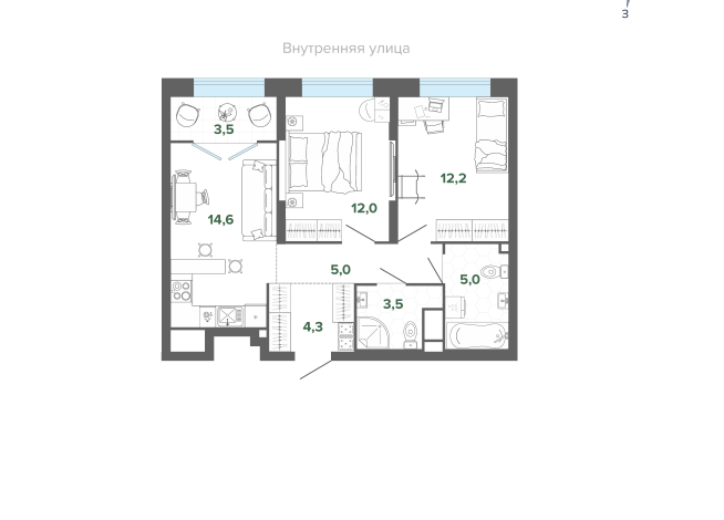 59.96 м² | 11 - 25 эт.