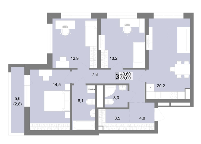 88.00 м² | 4 - 25 эт.