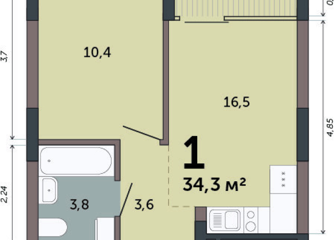 34.30 м² | 15 - 15 эт.