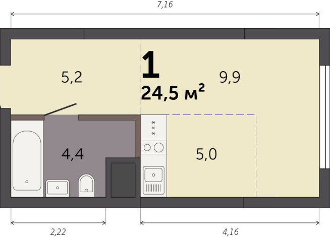 24.50 м² | 2 - 32 эт.
