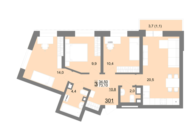 72.70 м² | 11 - 26 эт.