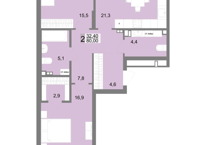80.00 м² | 2 - 17 эт.
