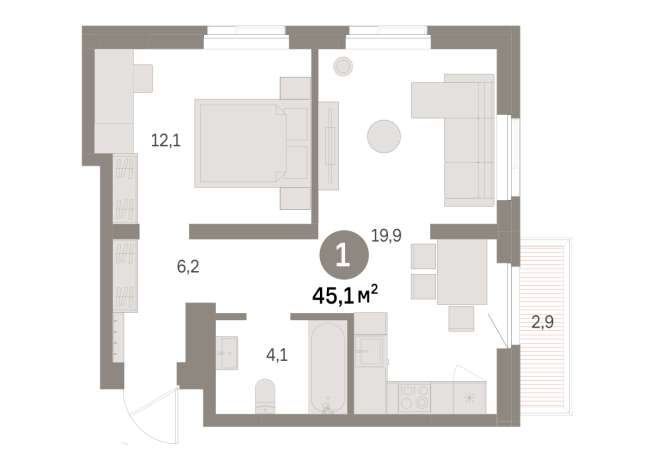 45.00 м² | 7 - 9 эт.