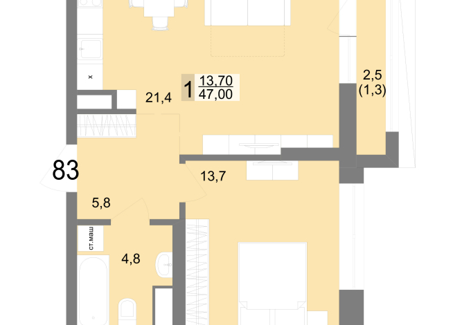 47.00 м² | 14 - 25 эт.