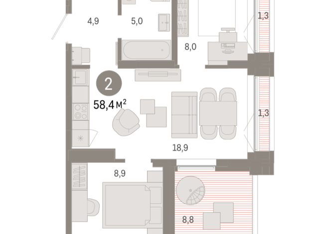 58.00 м² | 16 - 16 эт.