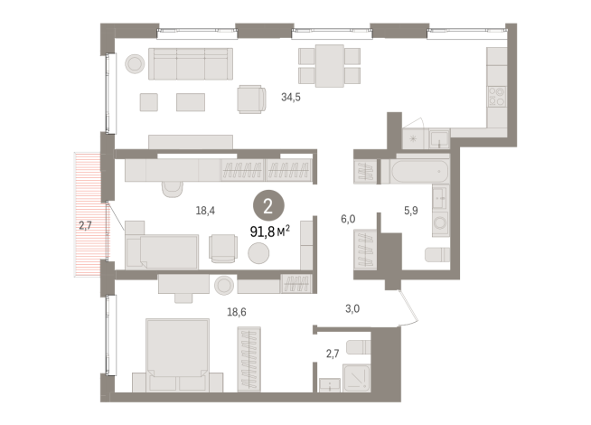 91.00 м² | 14 - 16 эт.