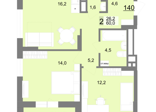 60.00 м² | 21 - 23 эт.