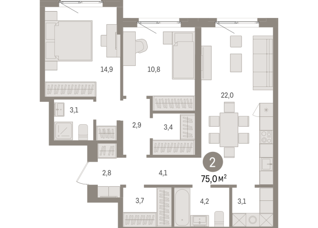 75.00 м² | 2 - 15 эт.