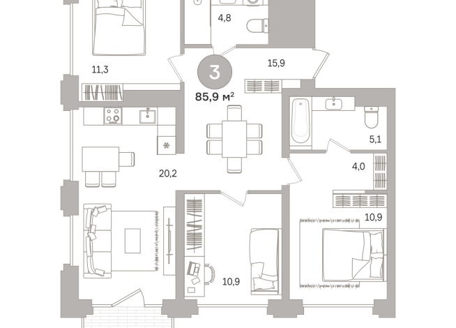 85.00 м² | 13 - 17 эт.