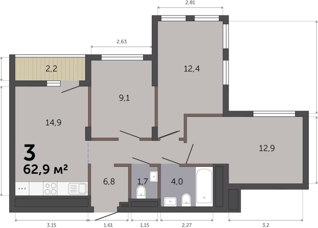 62.90 м² | 4 - 19 эт.