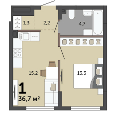 36.70 м² | 1 - 15 эт. 00