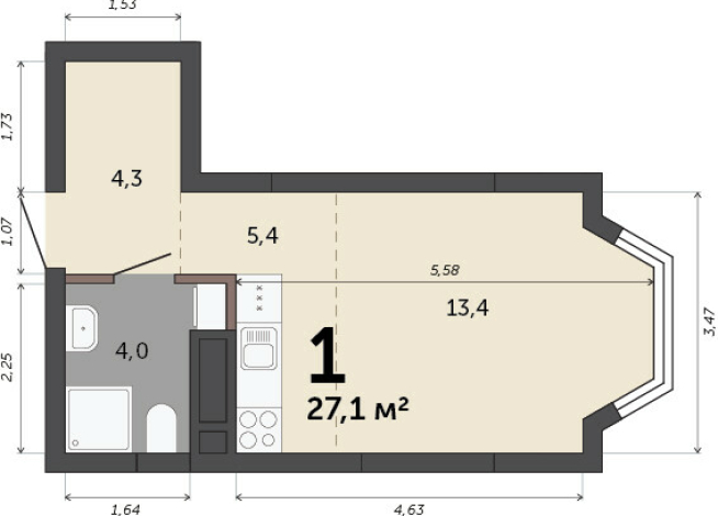 27.10 м² | 9 - 23 эт.