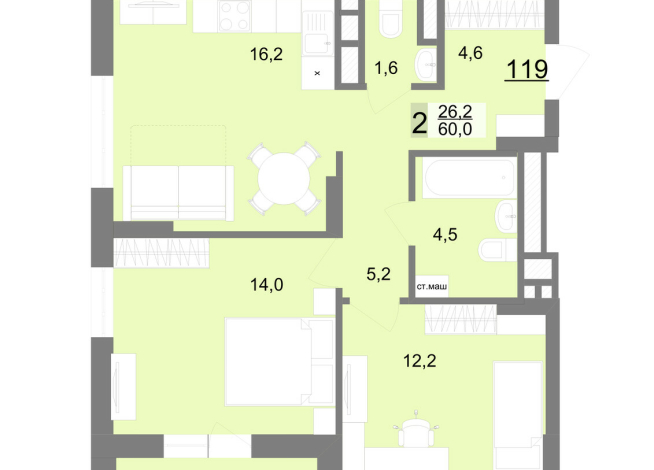 60.00 м² | 18 - 23 эт.