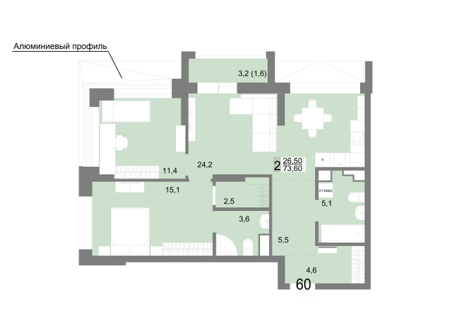 73.60 м² | 11 - 25 эт.