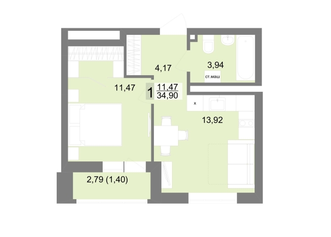 34.90 м² | 20 - 22 эт.