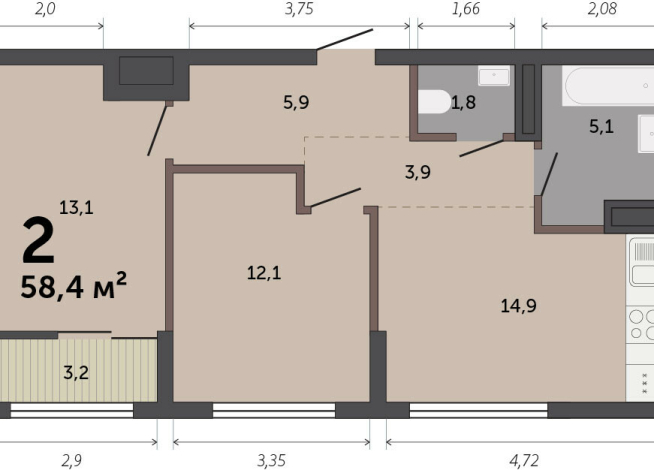 58.40 м² | 14 - 17 эт.
