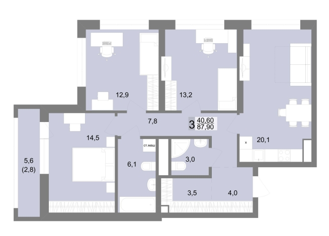87.90 м² | 19 - 25 эт.