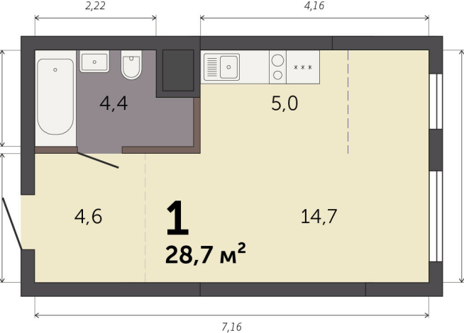 28.70 м² | 2 - 32 эт.