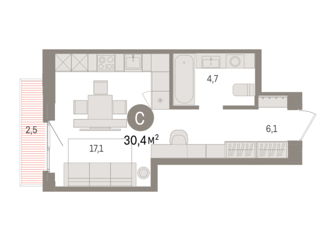30.00 м² | 11 - 16 эт.