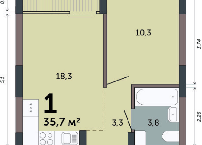 35.70 м² | 12 - 15 эт.