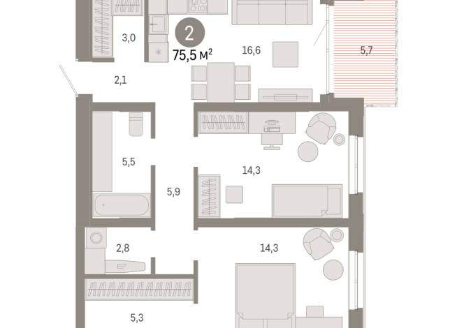 75.00 м² | 11 - 17 эт.