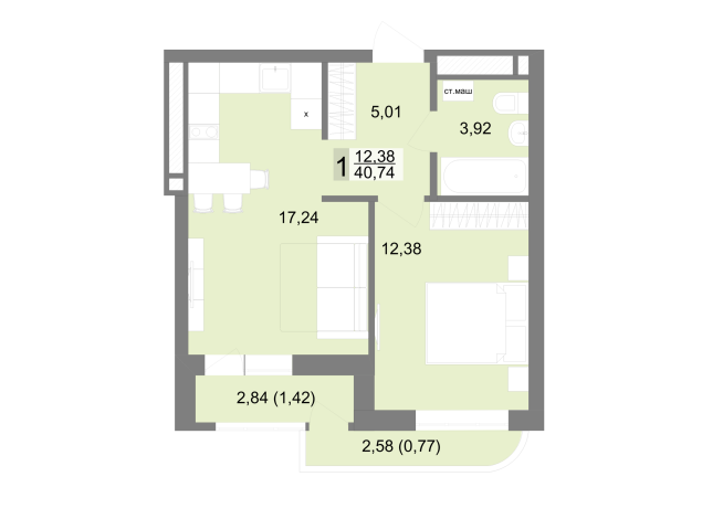 40.74 м² | 22 - 22 эт.