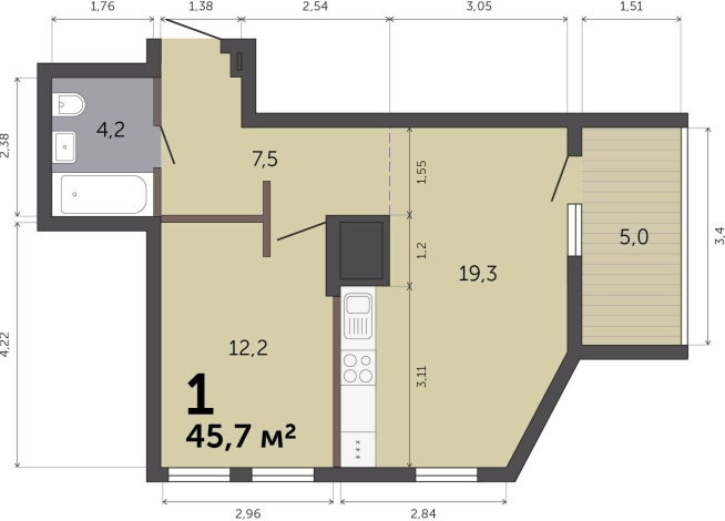 45.70 м² | 12 - 19 эт.