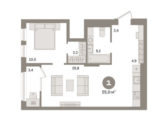 55.00 м² | 7 - 15 эт.