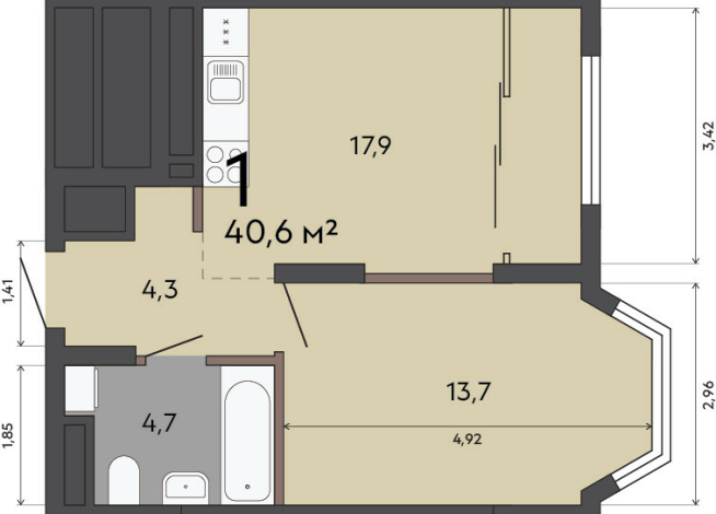 40.60 м² | 11 - 23 эт.