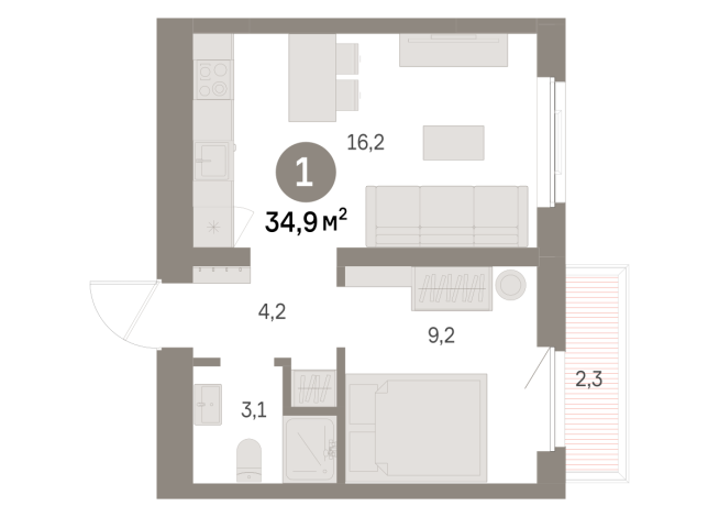 34.00 м² | 2 - 9 эт.