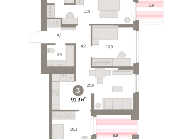 91.00 м² | 3 - 16 эт.