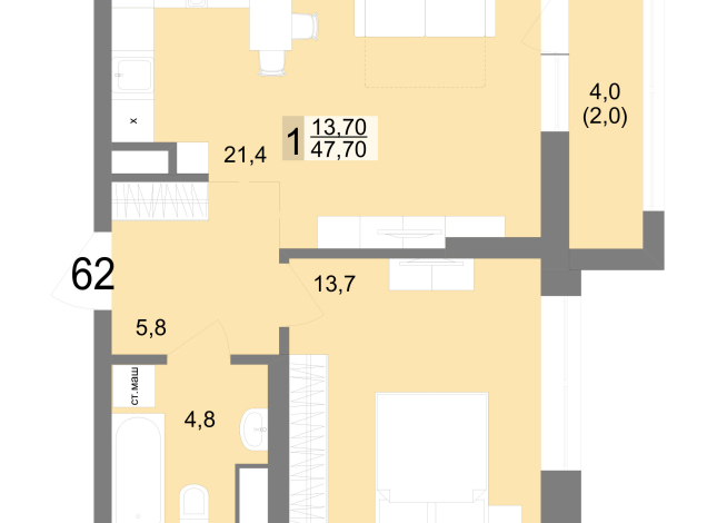 47.70 м² | 11 - 25 эт.