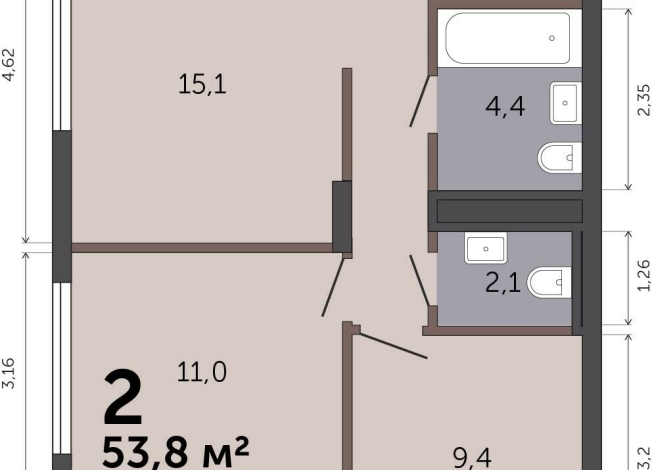 53.80 м² | 11 - 19 эт.
