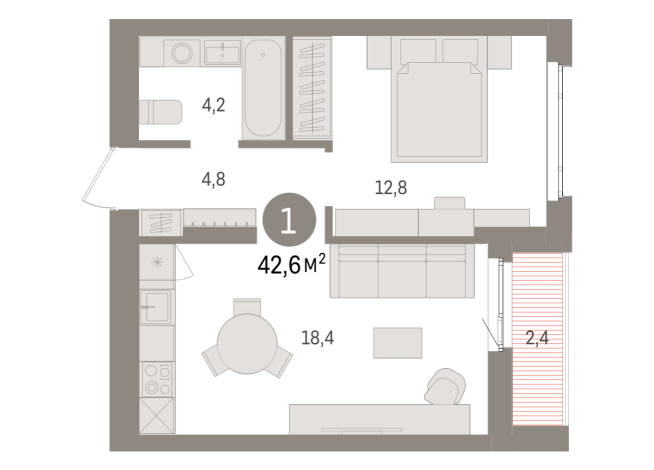 42.00 м² | 11 - 16 эт.