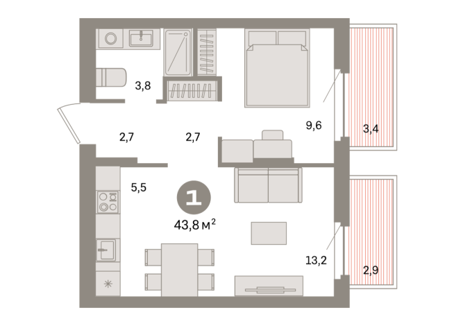 43.00 м² | 5 - 9 эт.